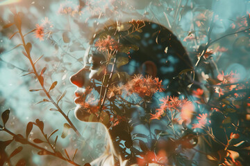 profile portrait of a girl, double exposure with spring or summer blooming flowers, trees. women's Day