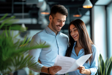 Obraz premium Portrait of two smiling business people man and woman standing in office at their workplace and looking through financial documents. Employees discussing work project or company finances.
