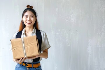 Young Asian woman holding delivery box face lit up with beautiful smile moment of receiving parcel is presented with sense of happiness and anticipation