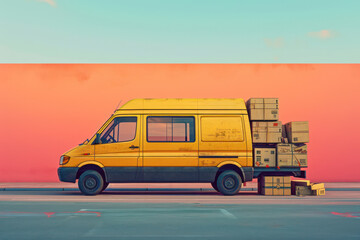 Fast Delivery on Urban Streets: A Yellow Courier Van Speeds through City Traffic