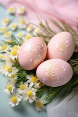 Obraz na płótnie Canvas Beautiful Easter composition. Painted decorative Easter eggs and spring flowers. Holiday card, Easter background. Delicate pink pastel colors