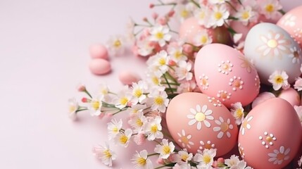 Naklejka na ściany i meble Beautiful Easter composition. Painted decorative Easter eggs and spring flowers. Holiday card, Easter background. Delicate pink pastel colors