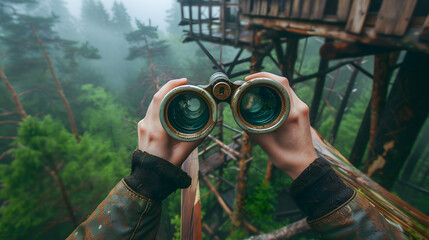 Binoculars. A boy stands in a wooden treehouse, using binoculars to survey the vibrant forest canopy bathed in sunlight. Boy through binoculars from a high treehouse. generative ai - obrazy, fototapety, plakaty