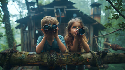 Binoculars. Two young kids using binoculars to explore the lush greenery around their rustic treehouse in the forest. generative ai