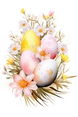 Happy easter. Composition of painted Easter eggs and spring flowers. Watercolor illustration, holiday card