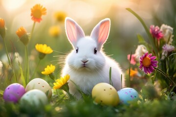 Easter holiday card. Cute fluffy little bunny in the grass with spring flowers and colorful Easter eggs. Happy easter. Spring natural background