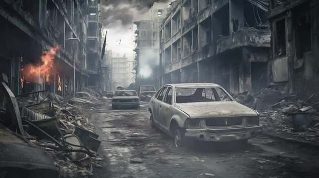 Post war ruined city with car burned in the middle of the street loop animation background