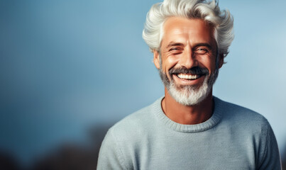 Obraz premium Joyful mature man with stylish white hair and beard, wearing a casual light sweater, radiating confidence and happiness on a light background