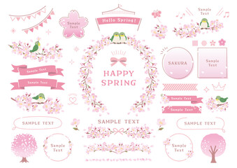 桜のフレームと枝にとまるメジロのイラスト