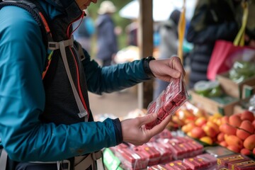Fototapeta na wymiar hiker buying fruit energy bars from an organic market stall