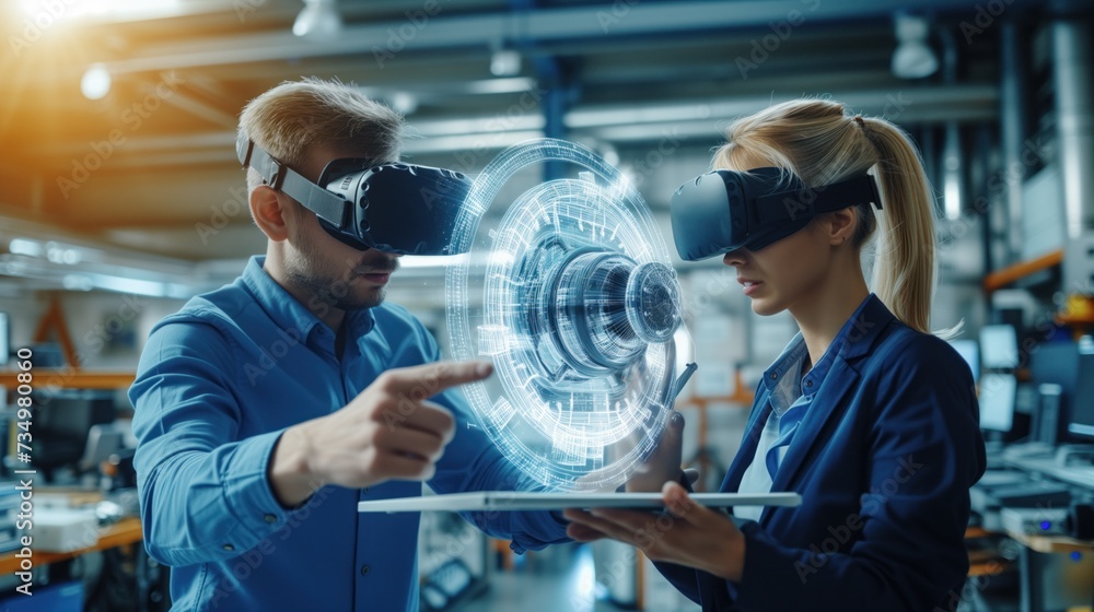 Aufkleber two technicians use virtual reality headsets to work on a digital holographic projection of a car pa