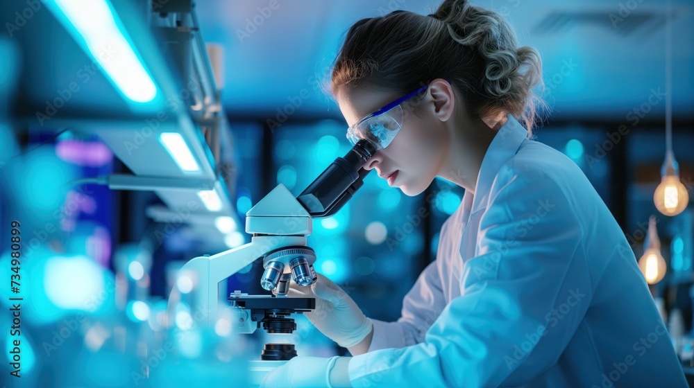 Poster woman in a lab coat works with a microscope in a high-tech laboratory.