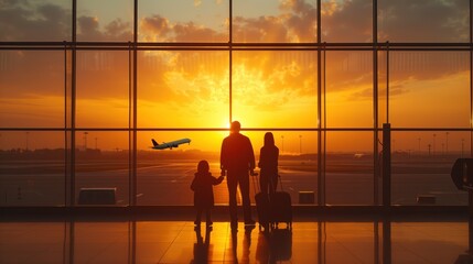 silhouette of a family of three holding hands in an airport terminal and looking at the runway where the plane is taking off from