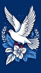 dove of peace.a white dove sits on a white flower,blue background.