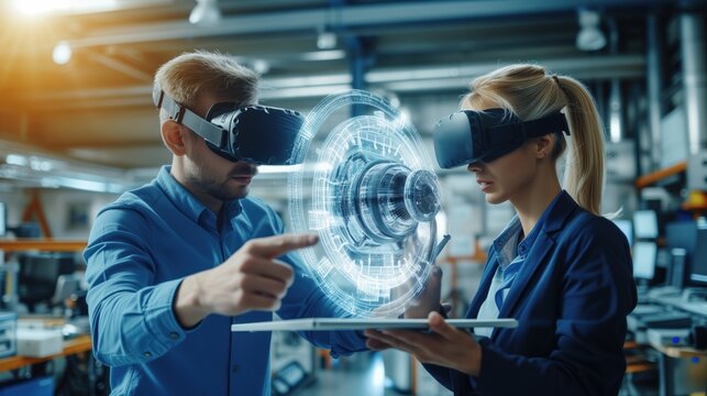 Two technicians use virtual reality headsets to work on a digital holographic projection of a car part in a lab environment.