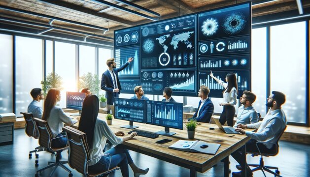 team of professionals gathered around a large digital signage in a high-tech office, discussing data and analytics.