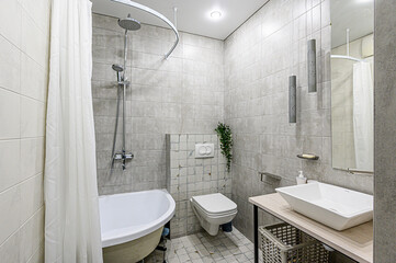 interior apartment room bathroom, sink, decorative elements, toilet. WC, sanitary unit, wash room
