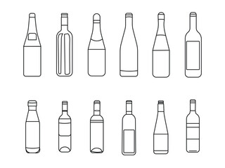 Glass Bottle Types. Alcohol Beverage Bar Drink Concept. Minimal Color Flat Line Outline Stroke Icon Set.