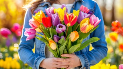 Close up view of a woman s hands holding a vibrant bouquet of colorful tulips in a beautiful display