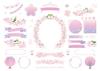 桜のフレームと枝にとまるメジロのイラスト