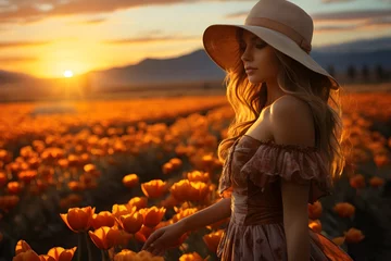 Tuinposter Woman standing in tulip field in sunset © Impact AI