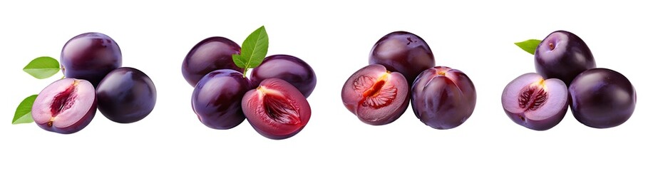 Set of Juicy red Plum fruits with cut in half isolated on transparent background