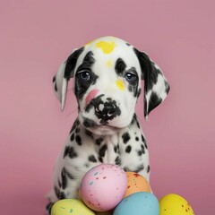 Funny little Dalmatian puppy dog and Easter eggs painted in bright colors Happy Easter holiday.