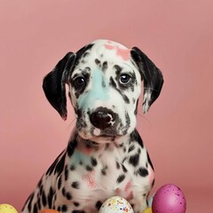 Funny little Dalmatian puppy dog and Easter eggs painted in bright colors Happy Easter holiday.
