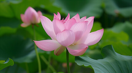 Obraz premium Pink lotus flower in full bloom, with multiple layers of petals visible, set against a background of green foliage