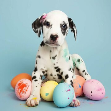 A funny little Dalmatian puppy that looks like he just painted some Easter eggs on Easter's Day.