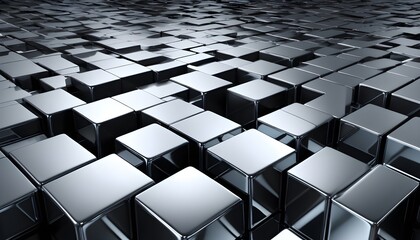 3D cubes and squares geometric pattern chrome slab and plates floor with reflections