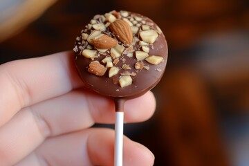 closeup of a chocolate lollipop with nuts on top in a hand