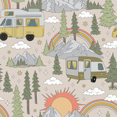 Retro groovy tourist camp with camper van in the mountain forest vector seamless pattern. Caravan, rocks, pine trees, sun, rainbow, stars, clouds backdrop. Happy camper summer vacation outdoor - 734982287