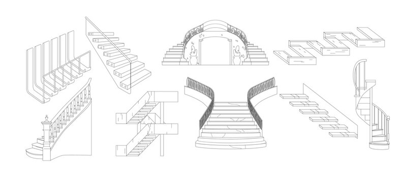 House Stairs Monochrome Outline Icons Set. Wooden, Stone, Marble with Glass Staircase. Vintage Spiral Stairway