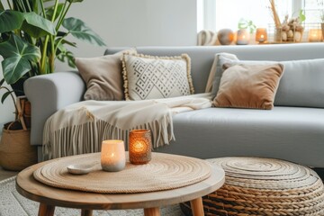 Modern boho interior of living room in cozy apartment. Simple cozy living room interior with light gray sofa, decorative pillows, wooden table with candles and natural decorations