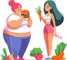 Fat woman eating healthy food. Vector illustration in flat cartoon style.Problems of overweight and obesity. Improper nutrition. Fast food