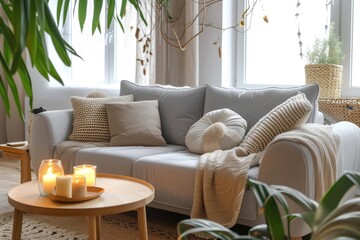 Modern boho interior of living room in cozy apartment. Simple cozy living room interior with light gray sofa, decorative pillows, wooden table with candles and natural decorations