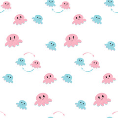 Web Pattern with cute baby octopus Kawaii. The pattern elements are turned torn. One pink octopus and one blue octopus.