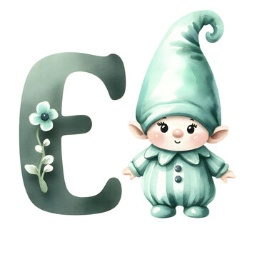 Letter ฺE with watercolor gnome drawing on white background.