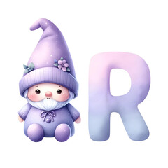 Letter ฺR with watercolor gnome drawing on white background.