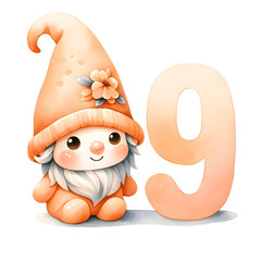 Number 9 with watercolor gnome drawing on white background.