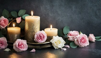 Fototapeta na wymiar candle and rose petals wallpaper luxury candle relaxation care pink light birthday cake with candles, birthday cake with candles on pastel blue background