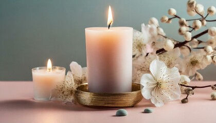 Obraz na płótnie Canvas candle and rose petals luxury candle national beauty aromatherapy wallpaper candlelight birthday cake with candles, birthday cake with candles on pastel blue background