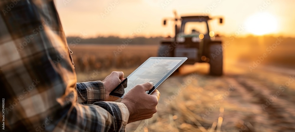 Aufkleber farmer using tablet in field with tractor and farm in background, copy space available