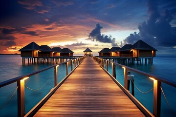 Nighttime wooden jetty leading to overwater bungalows in the breathtaking Maldives paradise islands. Generative AI - obrazy, fototapety, plakaty