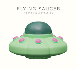 Green flying saucer on white background. Isolated alien spaceship
