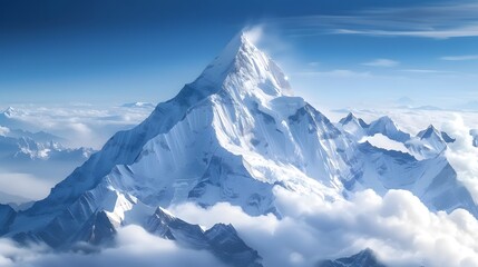 Fototapeta na wymiar majestic snowy mountain peak towering above the clouds, its pristine white slopes contrasting against the deep blue sky