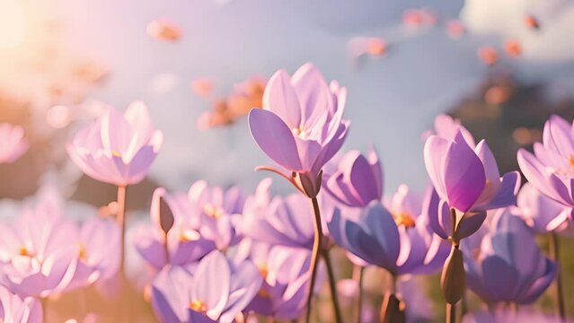 Natural autumn background with delicate lilac crocus flowers against blue sky