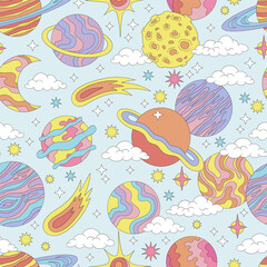 Groovy cosmos planets comets day light sky outer space vector seamless pattern. Retro 60s 70s 80s galaxy universe celestial background.
