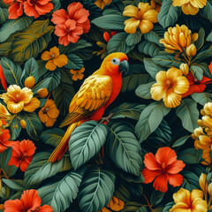 Fototapeta premium Tropical rainforest parrot as background, ai generated